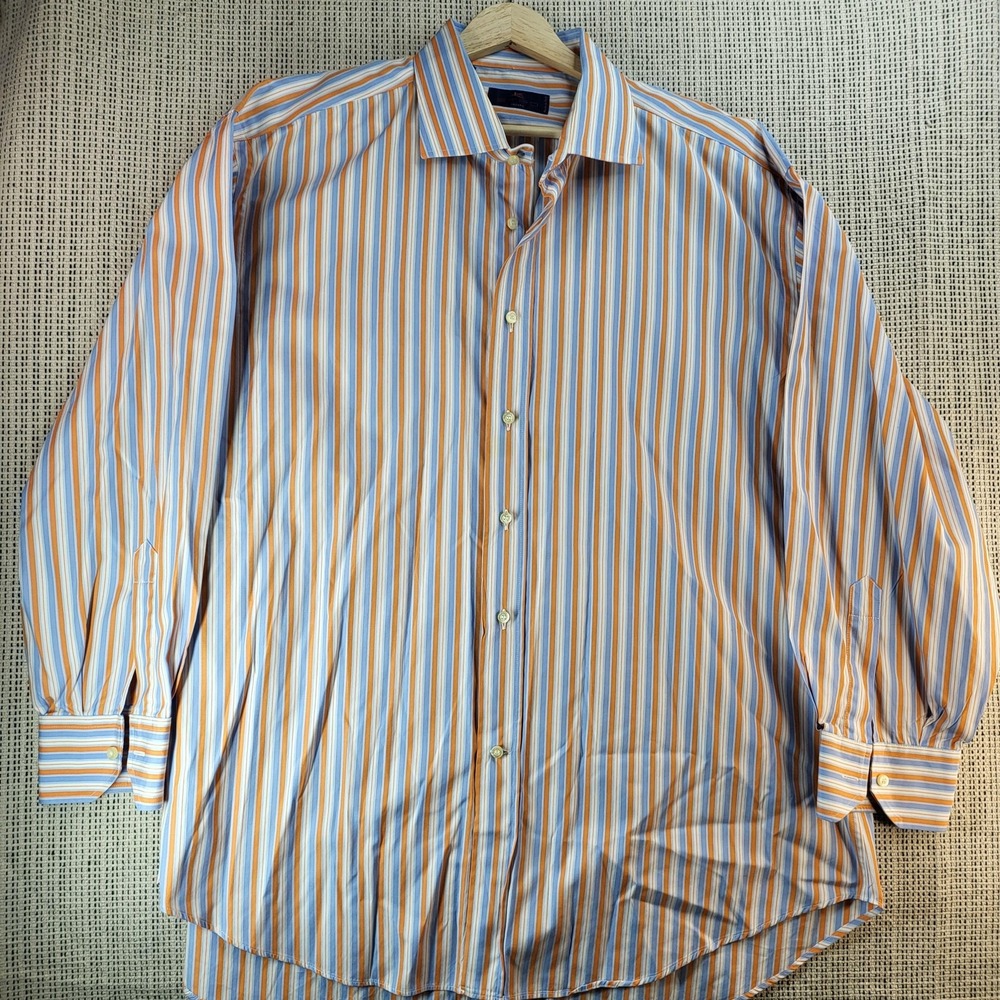 Etro Milano Dress Shirt Mens 46 Blue Orange Stripe Button Front Made in Italy